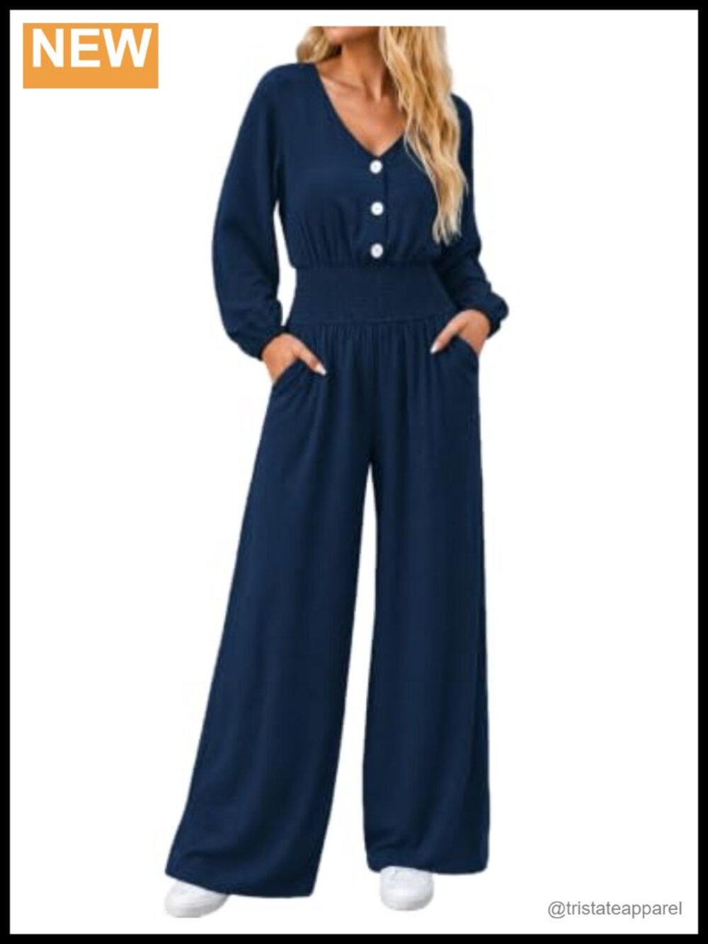 Women's Wide Leg Jumpsuit Long Sleeve V-Neck Button Front Lightweight